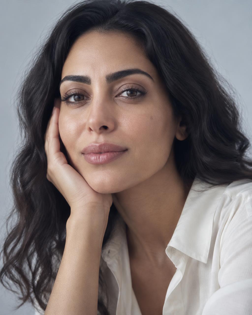 Woman with natural skin and a calm expression